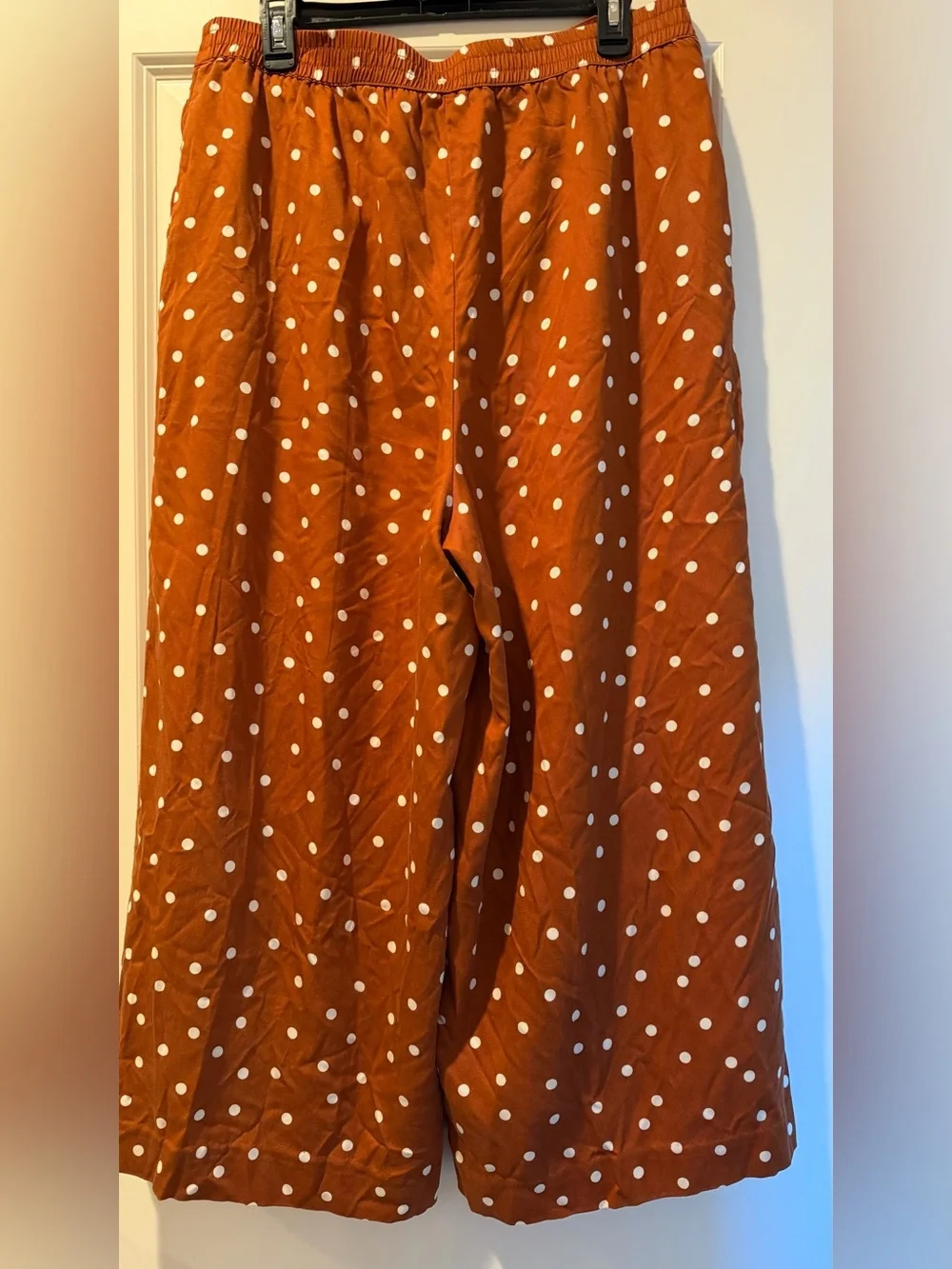 Anthropologie wide-leg palazzo brown polka dots pleated pants, Size Large - Picture 3 of 6